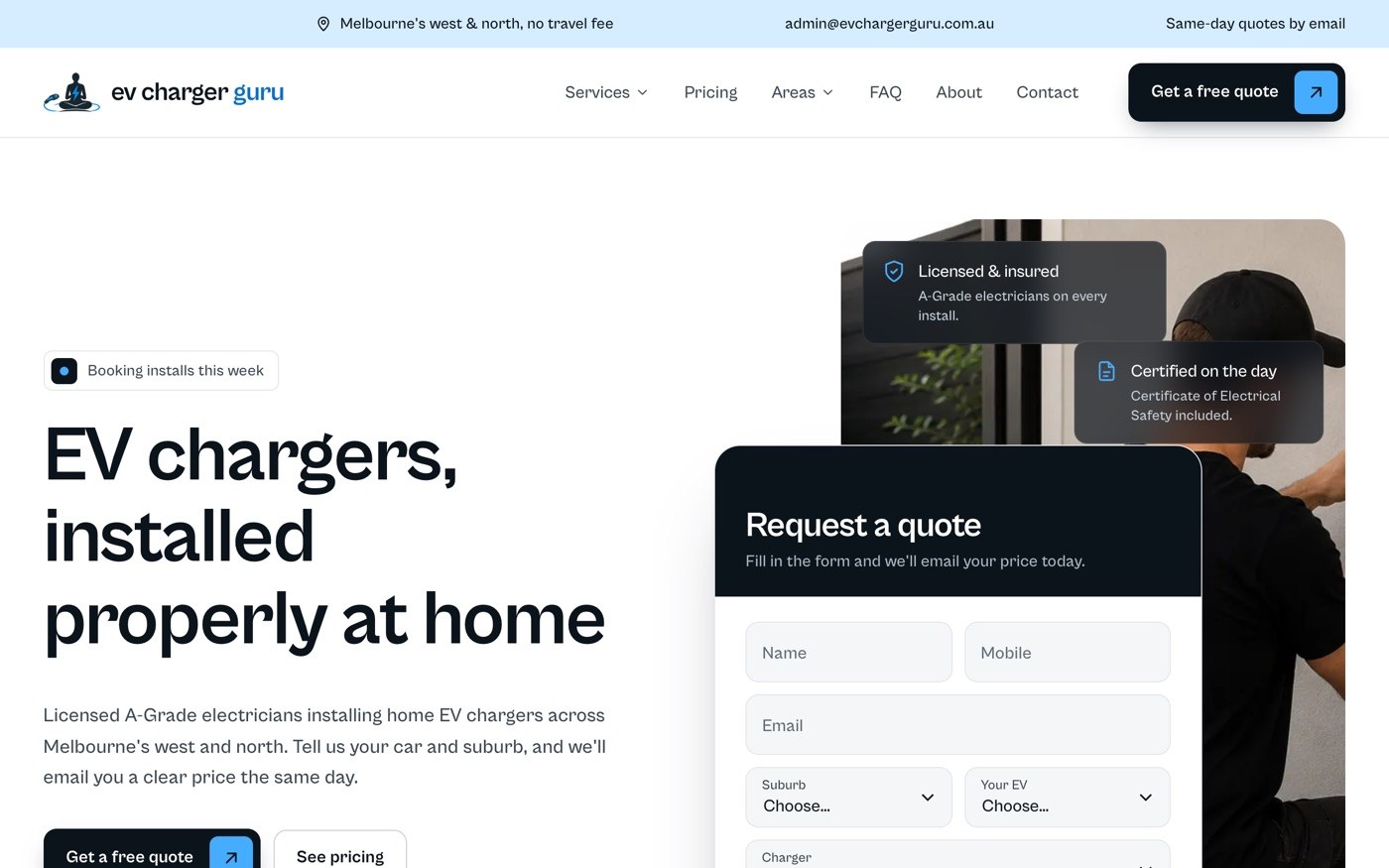 The EV Charger Guru homepage: a headline reading EV chargers, installed properly at home, beside a quote request form