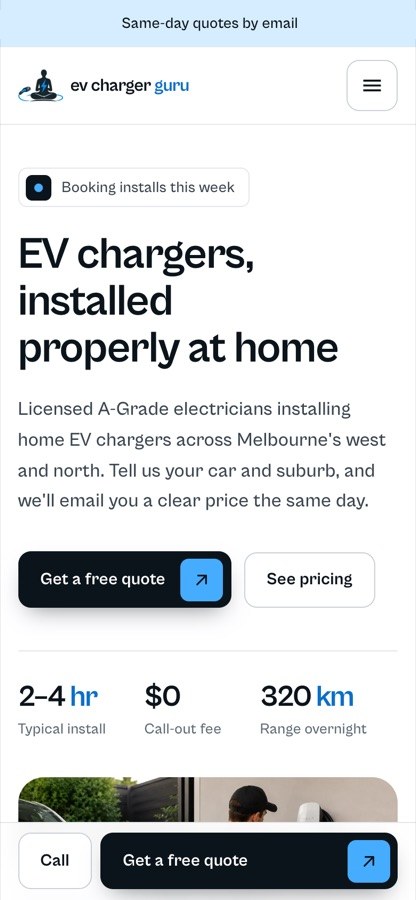 A site we built, on a phone: the EV Charger Guru homepage with a quote button and tap-to-call bar